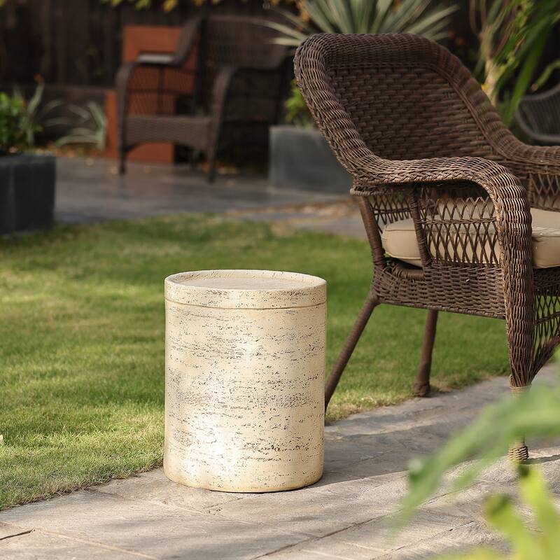 Beige and Brown MgO Round Outdoor Side Table 16.93" H x 13.58" W x 13